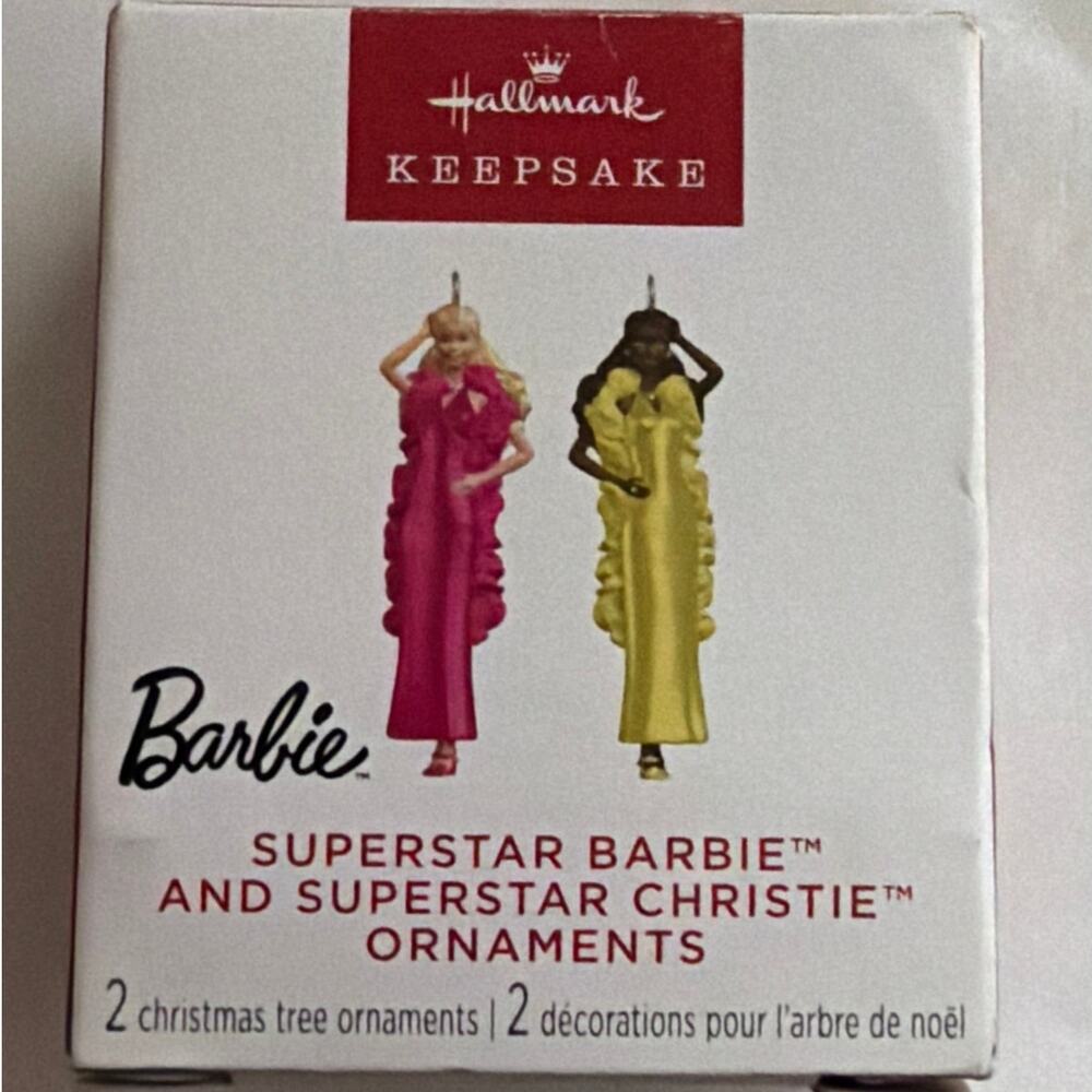 Hallmark Superstar Barbie and Superstar Christie Christmas Tree Ornaments 1 1/2"
